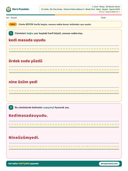 Büyük Harf · Nokta · Boşluk yaprağı önizlemesi