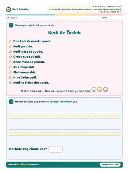 Kısa Metin Okuma yaprağı önizlemesi