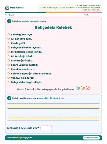 Kısa Metin Okuma yaprağı önizlemesi