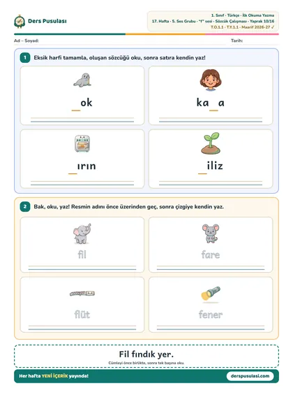 Sözcük Çalışması yaprağı önizlemesi