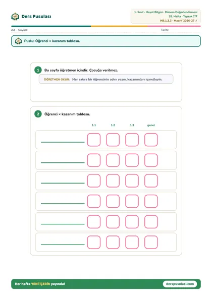 Öğretmen Kontrol Listesi yaprağı önizlemesi