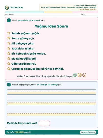 Kısa Metin Okuma yaprağı önizlemesi