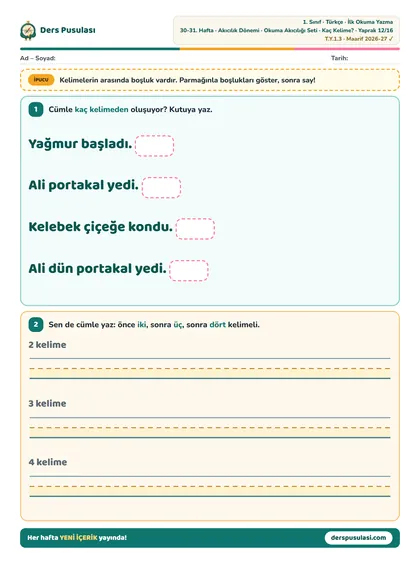 Kaç Kelime? yaprağı önizlemesi