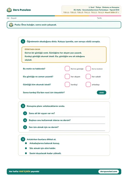 Dinle ve Anlat yaprağı önizlemesi
