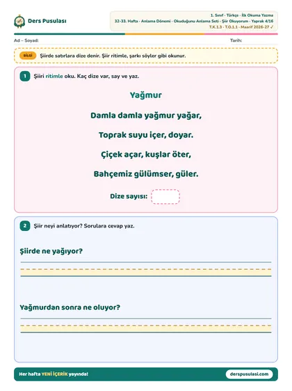 Şiir Okuyorum yaprağı önizlemesi