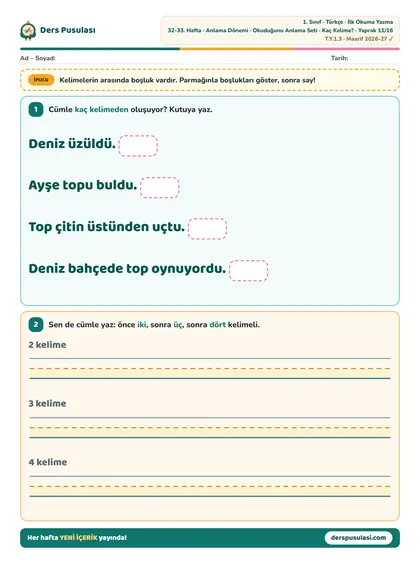 Kaç Kelime? yaprağı önizlemesi