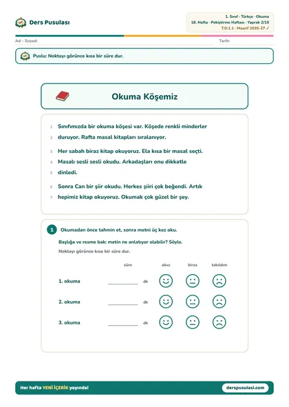 Okuma Metni yaprağı önizlemesi