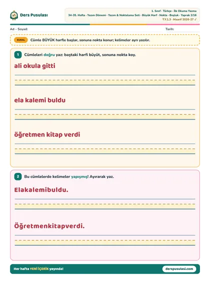 Büyük Harf · Nokta · Boşluk yaprağı önizlemesi