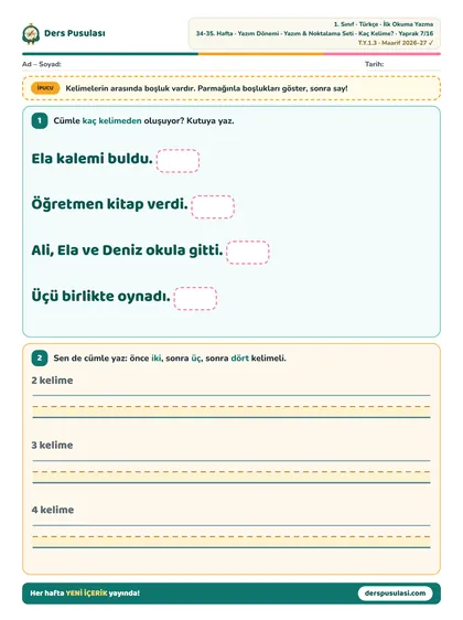 Kaç Kelime? yaprağı önizlemesi