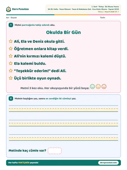 Kısa Metin Okuma yaprağı önizlemesi