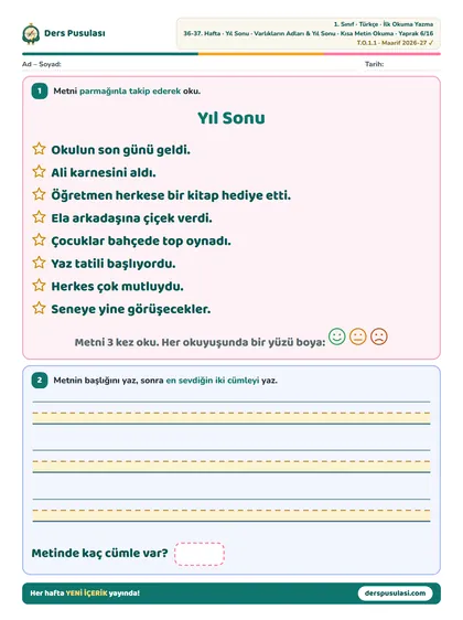 Kısa Metin Okuma yaprağı önizlemesi