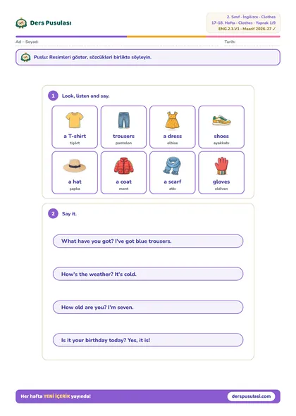 Word Bank yaprağı önizlemesi
