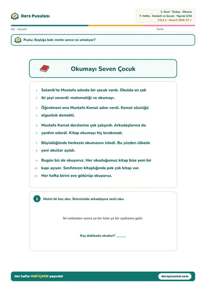 Okuma Metni yaprağı önizlemesi
