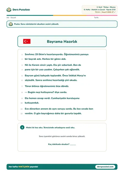 Okuma Metni yaprağı önizlemesi