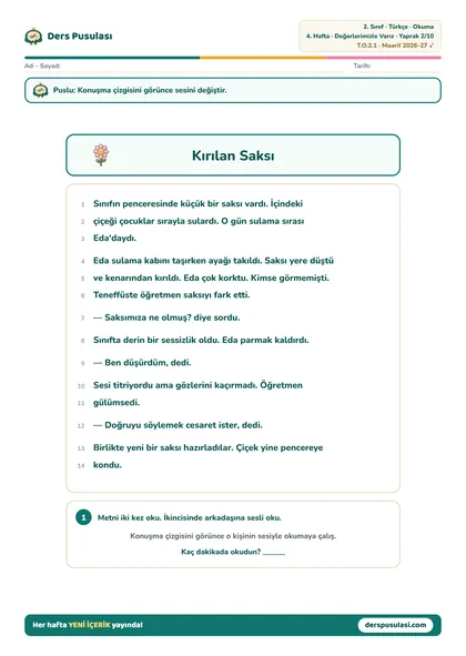 Okuma Metni yaprağı önizlemesi