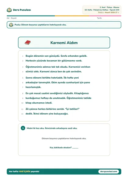 Okuma Metni yaprağı önizlemesi