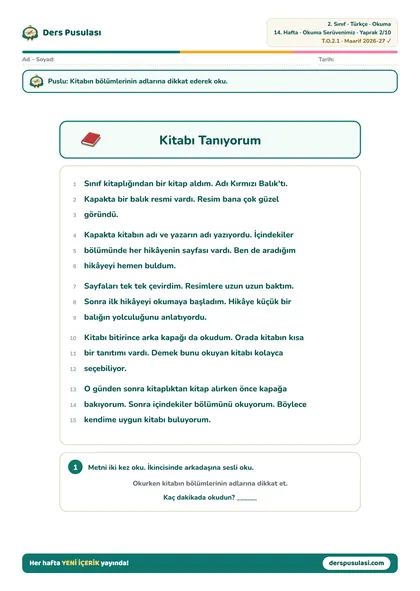Okuma Metni yaprağı önizlemesi