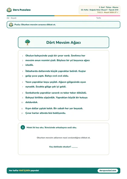 Okuma Metni yaprağı önizlemesi