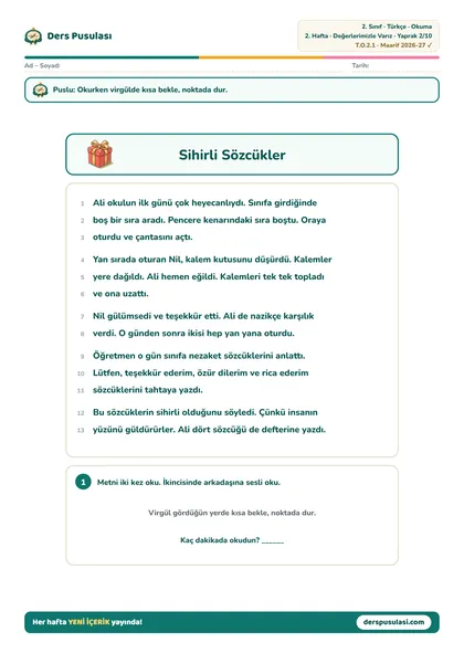 Okuma Metni yaprağı önizlemesi