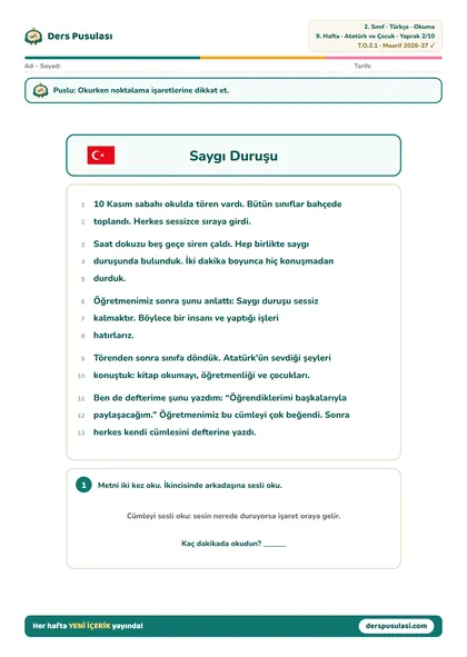 Okuma Metni yaprağı önizlemesi