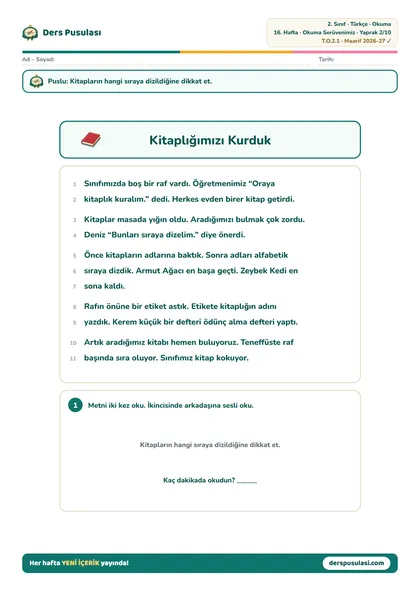 Okuma Metni yaprağı önizlemesi