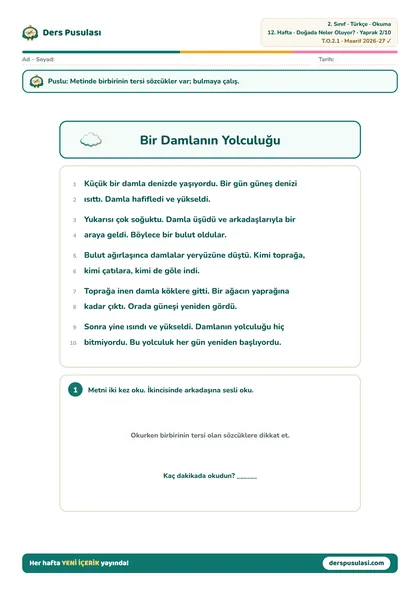 Okuma Metni yaprağı önizlemesi