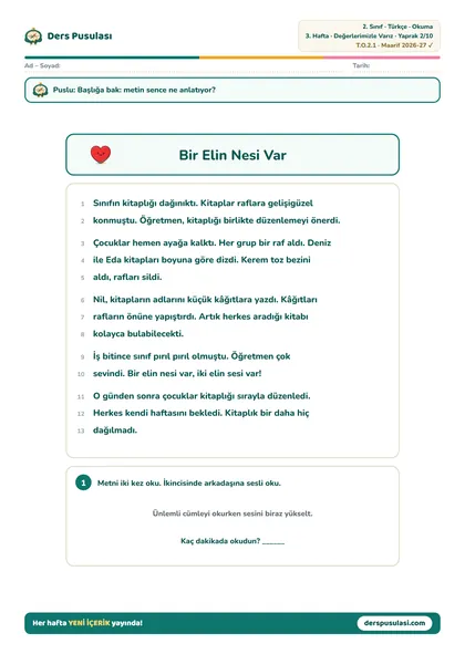 Okuma Metni yaprağı önizlemesi