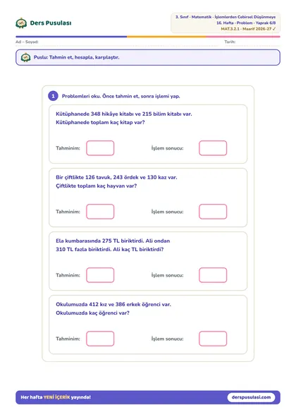 Toplama Problemleri yaprağı önizlemesi