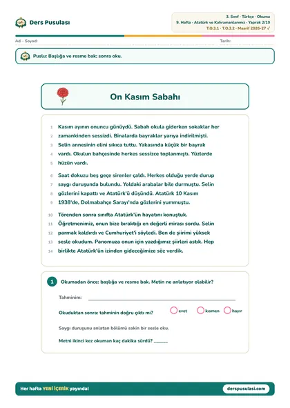 Okuma Metni yaprağı önizlemesi