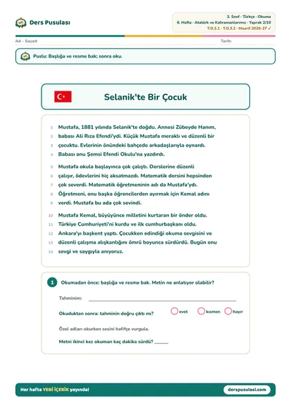Okuma Metni yaprağı önizlemesi