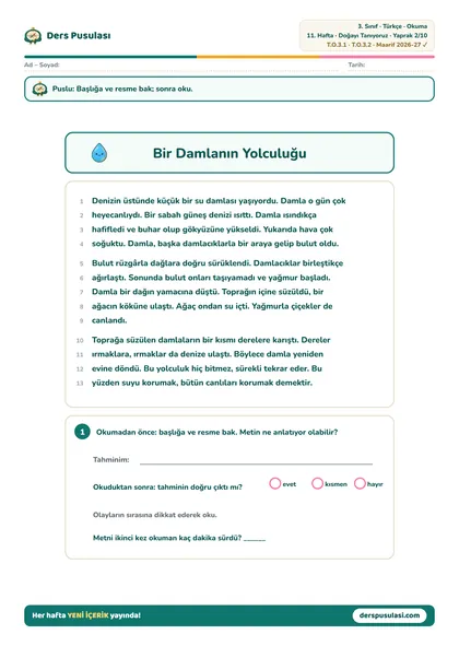 Okuma Metni yaprağı önizlemesi