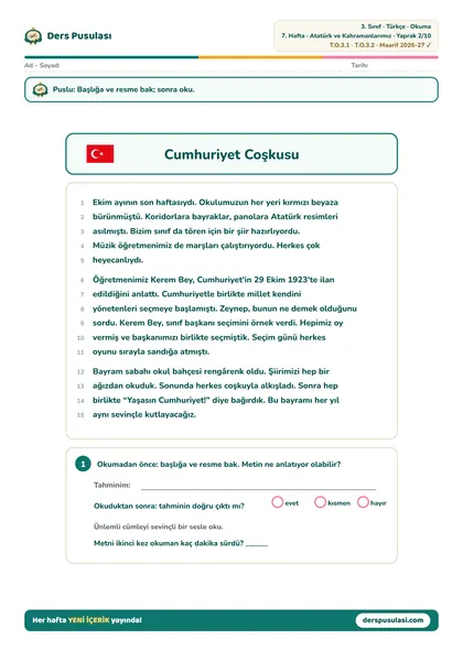Okuma Metni yaprağı önizlemesi