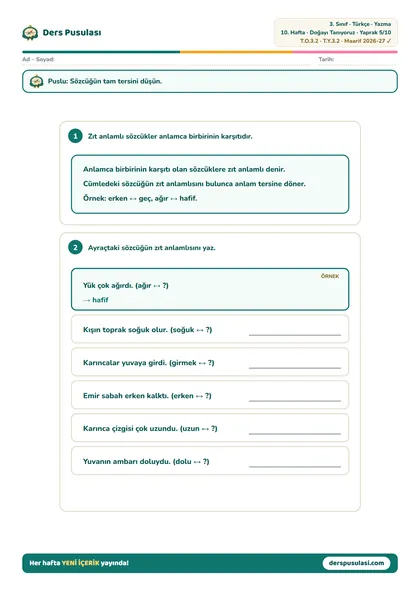 Zıt Anlamlı Sözcükler yaprağı önizlemesi