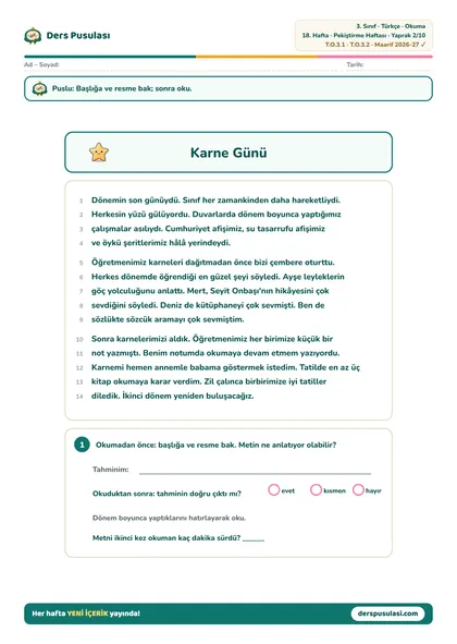 Okuma Metni yaprağı önizlemesi