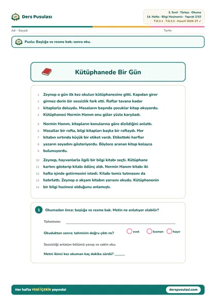 Okuma Metni yaprağı önizlemesi