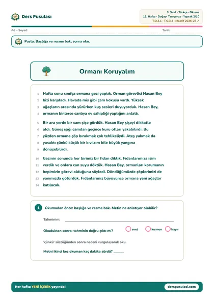Okuma Metni yaprağı önizlemesi