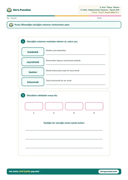 Sözcük Çalışması yaprağı önizlemesi