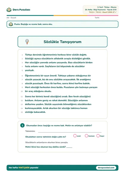 Okuma Metni yaprağı önizlemesi