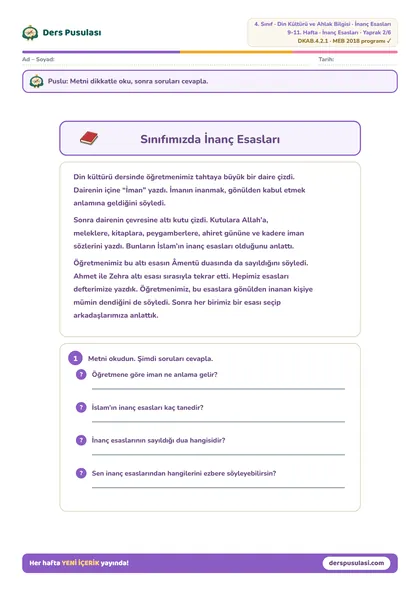 Sınıfımızda İnanç Esasları yaprağı önizlemesi
