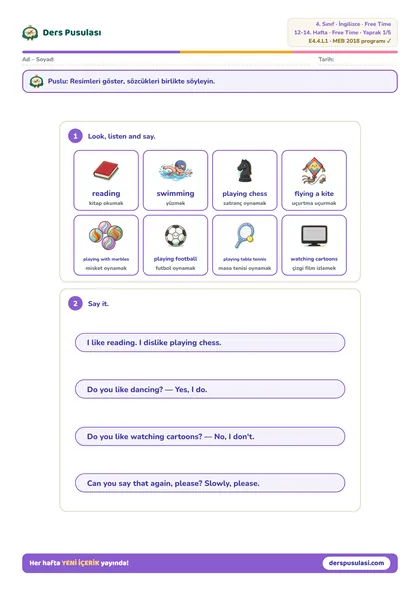 Word Bank yaprağı önizlemesi