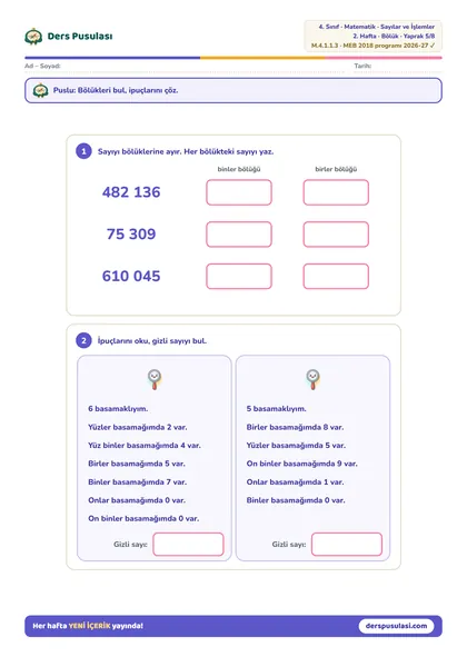 Bölükler ve Gizli Sayı yaprağı önizlemesi