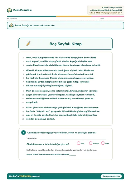 Okuma Metni yaprağı önizlemesi