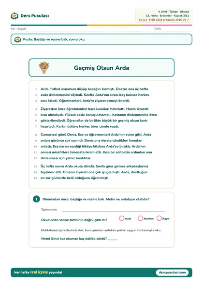 Okuma Metni yaprağı önizlemesi