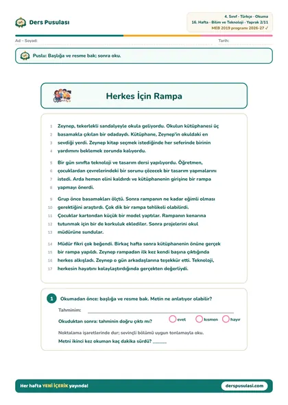 Okuma Metni yaprağı önizlemesi