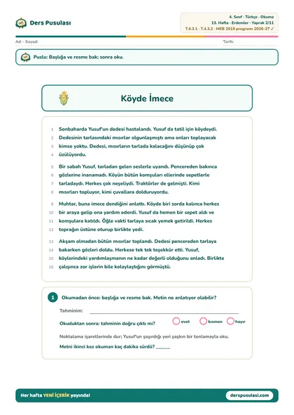 Okuma Metni yaprağı önizlemesi