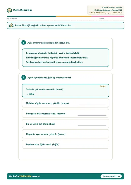 Eş Anlamlı Sözcükler yaprağı önizlemesi
