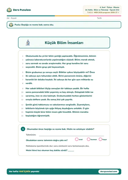Okuma Metni yaprağı önizlemesi