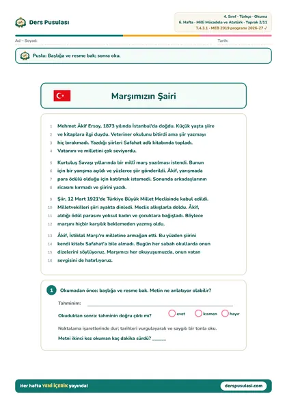 Okuma Metni yaprağı önizlemesi