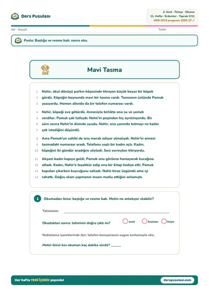 Okuma Metni yaprağı önizlemesi