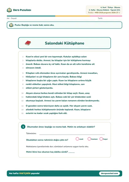Okuma Metni yaprağı önizlemesi